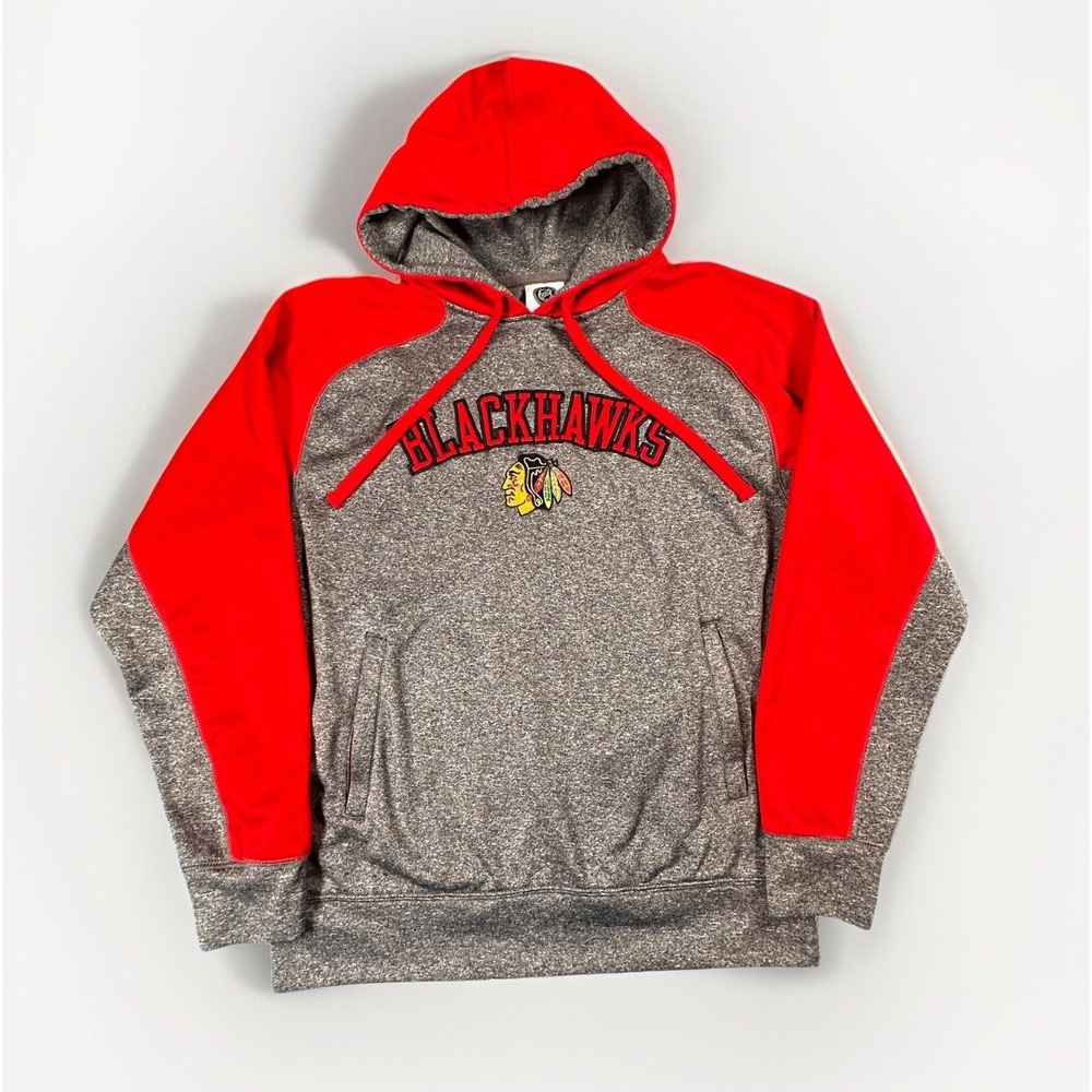 NHL Chicago Blackhawks Hoodie Sweatshirt Mens size Med Gray Red Zip Pockets Poly
